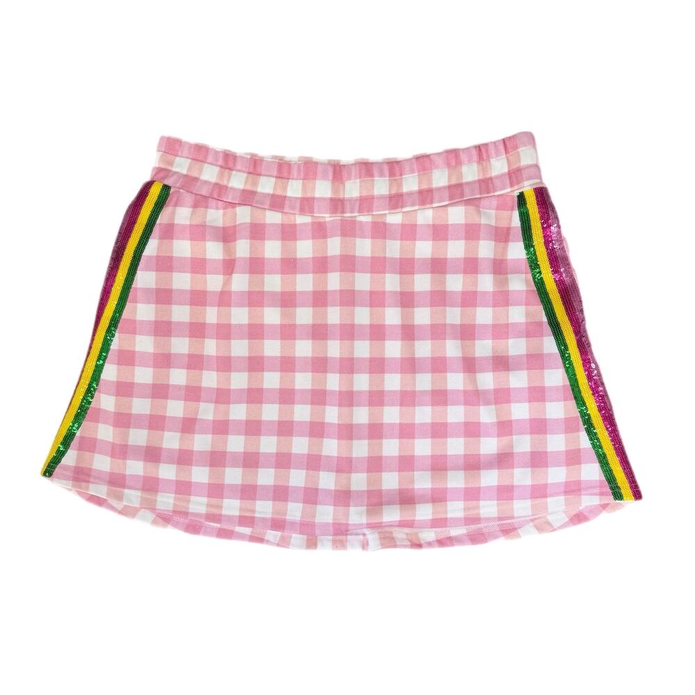 Brianna Cannon NEW Pink White Gingham Pull On Lined Sequin Side Stripe Skort - Picture 3 of 10
